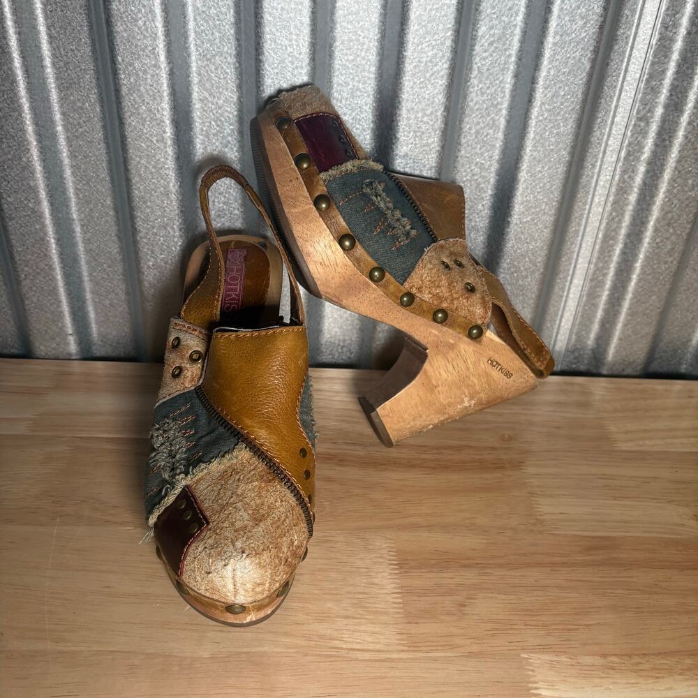 Y2K Patchwork Wooden Sole Platform Heeled Clog Handmade US W 7.5 (Medium Width)